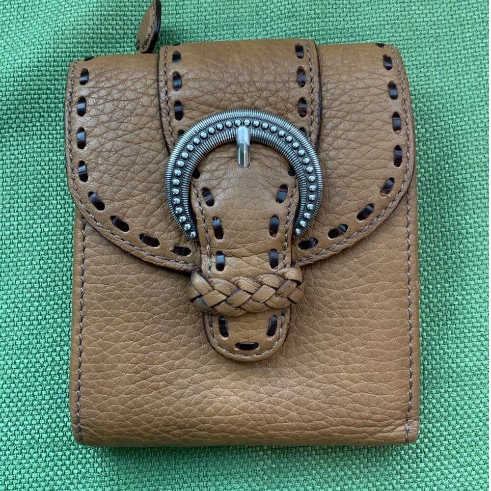 Brighton Brown Tooled Leather Trifold Wallet Silver Horseshoe Hardware Western